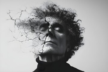 Black and white portrait of an old man with curly hair, wearing a dark turtleneck, with the top of his face melting into a cracked wall texture, abstract emotional art, high contrast editorial style