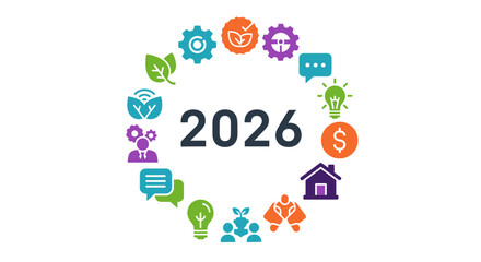 Business strategy icons around year 2026 isolated on