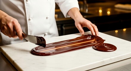 Chef spreading melted chocolate on marble countertop in kitchen  