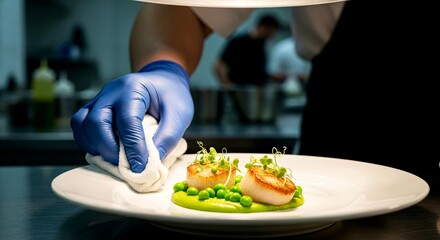 Chef plating scallops with green peas in restaurant kitchen  