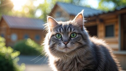 Beautiful fluffy cat with striking green eyes in a sunny outdoor setting