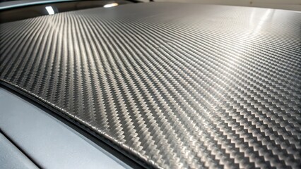 Close-up of carbon fiber sheet on car surface, high-performance automotive material, lightweight composite texture background for vehicle design, engineering, or industrial product visuals