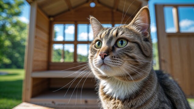 A curious tabby cat gazes up in front of a wooden structure