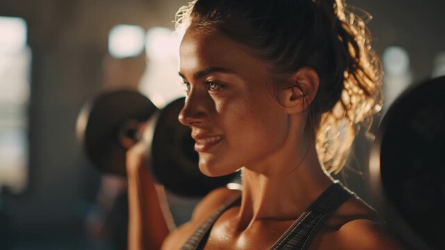 Mindful strength training, person lifting light weights slowly, controlled breathing, calm expression, cinematic tone showing focus and discipline, modern gym with natural sunlight.