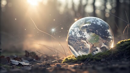 Crystal globe resting on forest floor with glowing connections, environmental conservation concept, sustainability and green technology visual, global ecology and planet protection theme