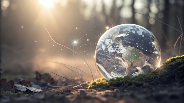 Crystal globe resting on forest floor with glowing connections, environmental conservation concept, sustainability and green technology visual, global ecology and planet protection theme - Powered by Adobe