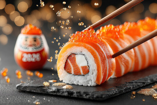 Close-up of fresh salmon sushi roll with red roe, chopsticks, and splashing water.Asian food delivery banner. Sushi restaurant advertisement.