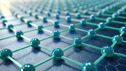 3D illustration of graphene atomic structure, nanotechnology and material science concept, hexagonal molecular pattern for research, innovation, chemistry, or scientific background use