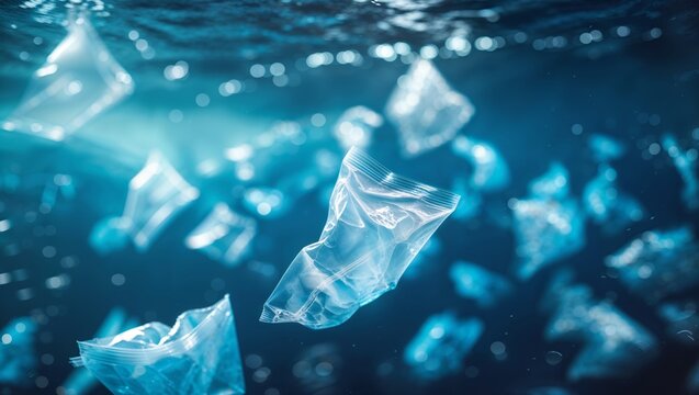 Plastic pollution in the ocean, underwater view of floating plastic bags - Powered by Adobe