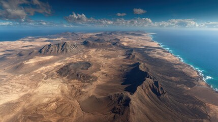 Volcanic landscape from above: lava flows, crater rings, and coastal ocean in a Canary Islands setting