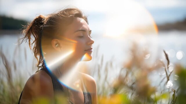 A woman with headphones gazes thoughtfully towards the shimmering water, surrounded by tall grass swaying gently in the breeze. The warm sunlight casts a golden hue on this tranqui