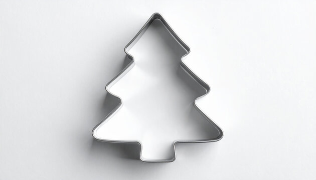 Metal silver tree shaped cookie cutter isolated on white backdrop, baking tool. Top view.