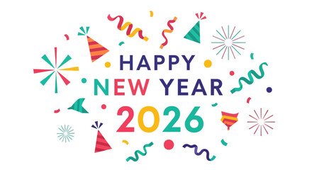 Happy new year 2026 greeting card with colorful confetti and party hat isolated on