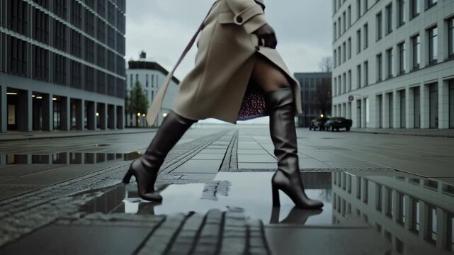 Woman wearing trench coat and high boots walking on wet city pavement among tall buildings for fashion or daily commute concept