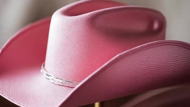 Video A pink cowboy hat sits atop a table, ready for use or display