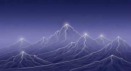Graphical rendition of range of pointed mountains. White line drawing against graduated blue background symbolizes aspiration, challenge and exploration