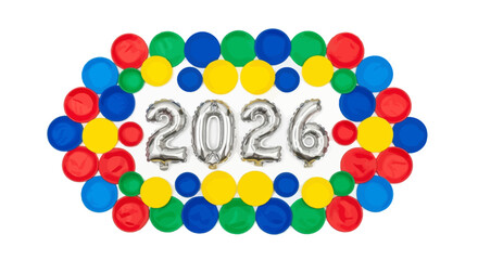 Silver foil balloon number 2026 surrounded by colorful party balloons