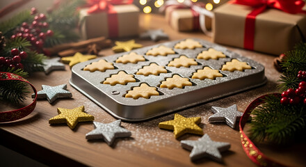 A baking scene features tree shaped cookies in a metal mold star decorations and festive trim Cinnam 91566421 1