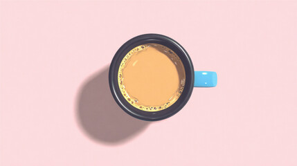 Overhead view of a coffee mug with a blue handle on a pink background. A top-down shot of a coffee cup with a blue handle on a pink surface, perfect for a cafe or morning routine.