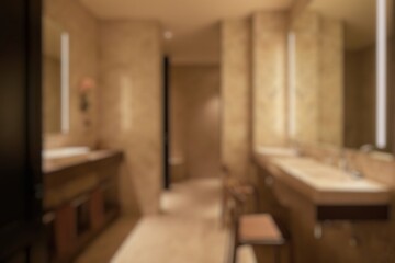 Blurry Background of Modern and Stylish Bathroom with Sleek Sinks, Elegant Surfaces, and Contemporary Fixtures in Earthy Tones, Featuring Natural Light and Minimalist Design Elements