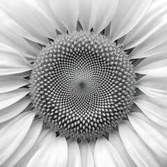 Abstract Black and White Sunflower Close-up: Detailed Petals and Seed Head Pattern - Botanical Beauty, Floral Art, Monochrome Nature Photography