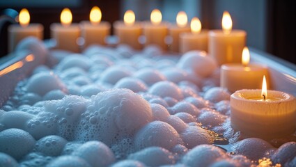 Relaxing bath with candles and bubbles for spa and wellness