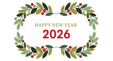 Happy new year 2026 greeting card design with festive wreath isolated on