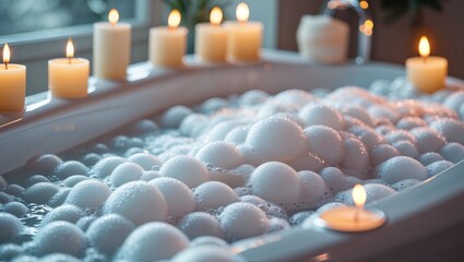 Relaxing bubble bath with candles creating a spa-like atmosphere