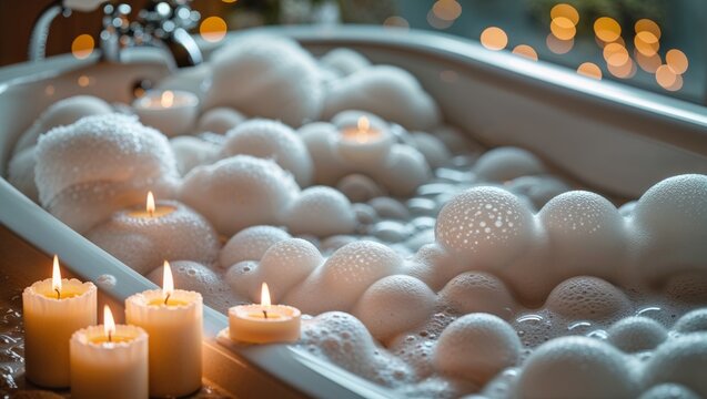 Relaxing bubble bath with candles for spa and wellness