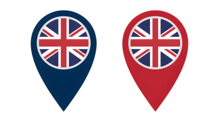 Two map markers displaying the union jack flag indicate a specific location.
