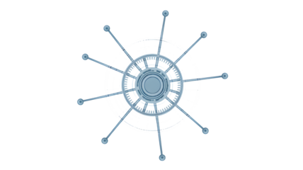 A circular digital device with radiating lines displays connection points.