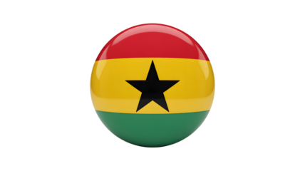 A glossy sphere shows the Ghana flag against a dark background.