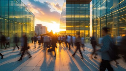 People walking in a modern city at sunset with blurred motion