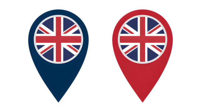 Two map markers displaying the union jack flag indicate a specific location.