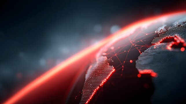 Digital world map visualization with glowing red and black theme, global network, data technology, and futuristic cyber communication concept