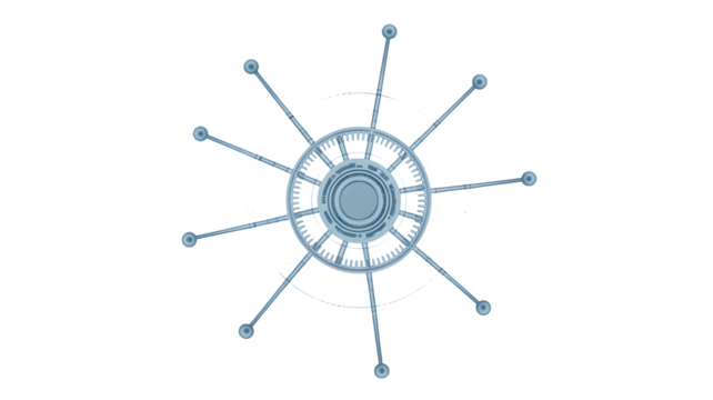 A circular digital device with radiating lines displays connection points.