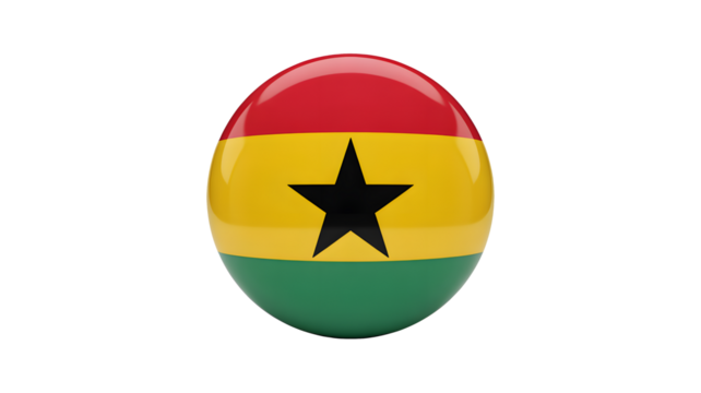 A glossy sphere shows the Ghana flag against a dark background.