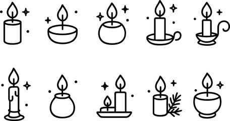 Christmas candles and holiday lights icons set. Festive decor, winter celebration outline illustrations