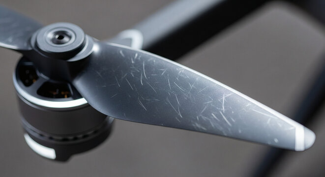 Close-up of drone propeller shows wear and tear after many flights, aerial photography equipment, drone technology, showing realistic damage, repair concept
