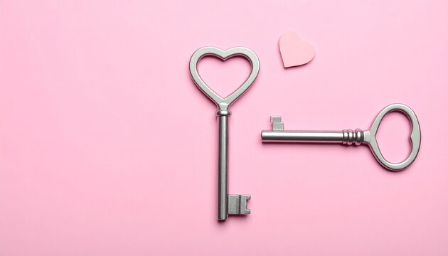 Silver key with heart-shaped top placed on pink background, soft lighting, love and romantic concept.