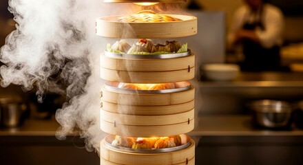 Steaming bamboo dumpling basket with various dishes in restaurant kitchen  