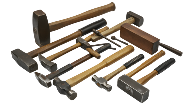 Various metal and wooden hammers are laid out on a dark surface.