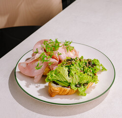 Delicious croissant sandwich with ham and fresh greens served on a plate