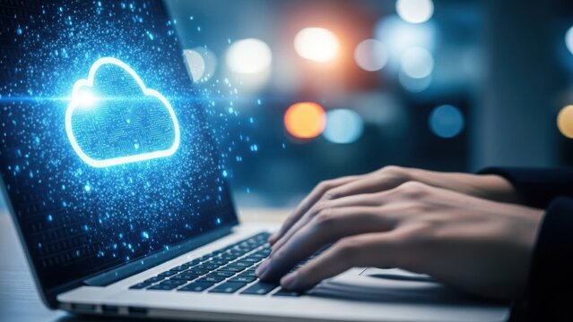 Digital transformation with cloud data network on laptop screen, person working