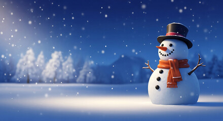 Fototapeta premium Snowman in top hat and scarf in snowy field at night. Symbolizes winter holiday, Christmas spirit and festive cheer, perfect for seasonal concepts.