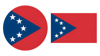 Two flags showing red and blue with white stars are displayed against a black background.
