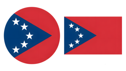 Two flags showing red and blue with white stars are displayed against a black background.