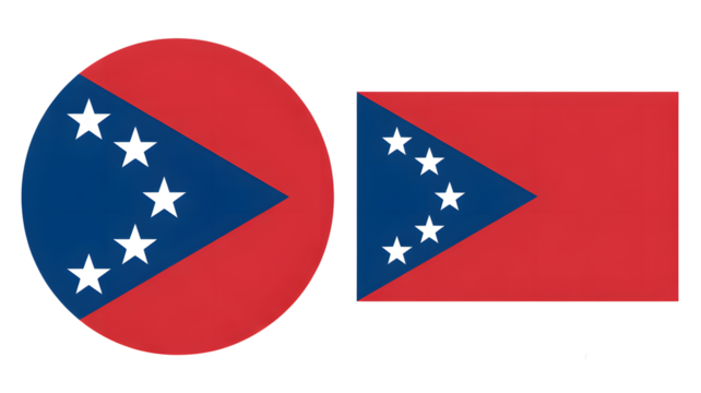 Two flags showing red and blue with white stars are displayed against a black background.