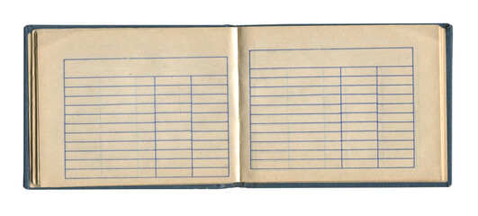 small old notebook with vintage yellow brown paper cloth cover and empty spreadsheet accounting charts inside open and isolated on white