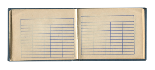 small old notebook with vintage yellow brown paper cloth cover and empty spreadsheet accounting charts inside open and isolated on white